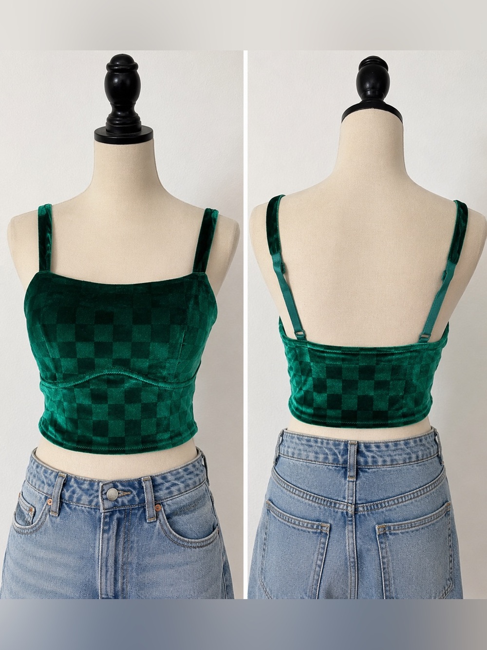 Colsie XS Emerald Green Velvet Checkered Bralette Crop Top Y2K NWOT